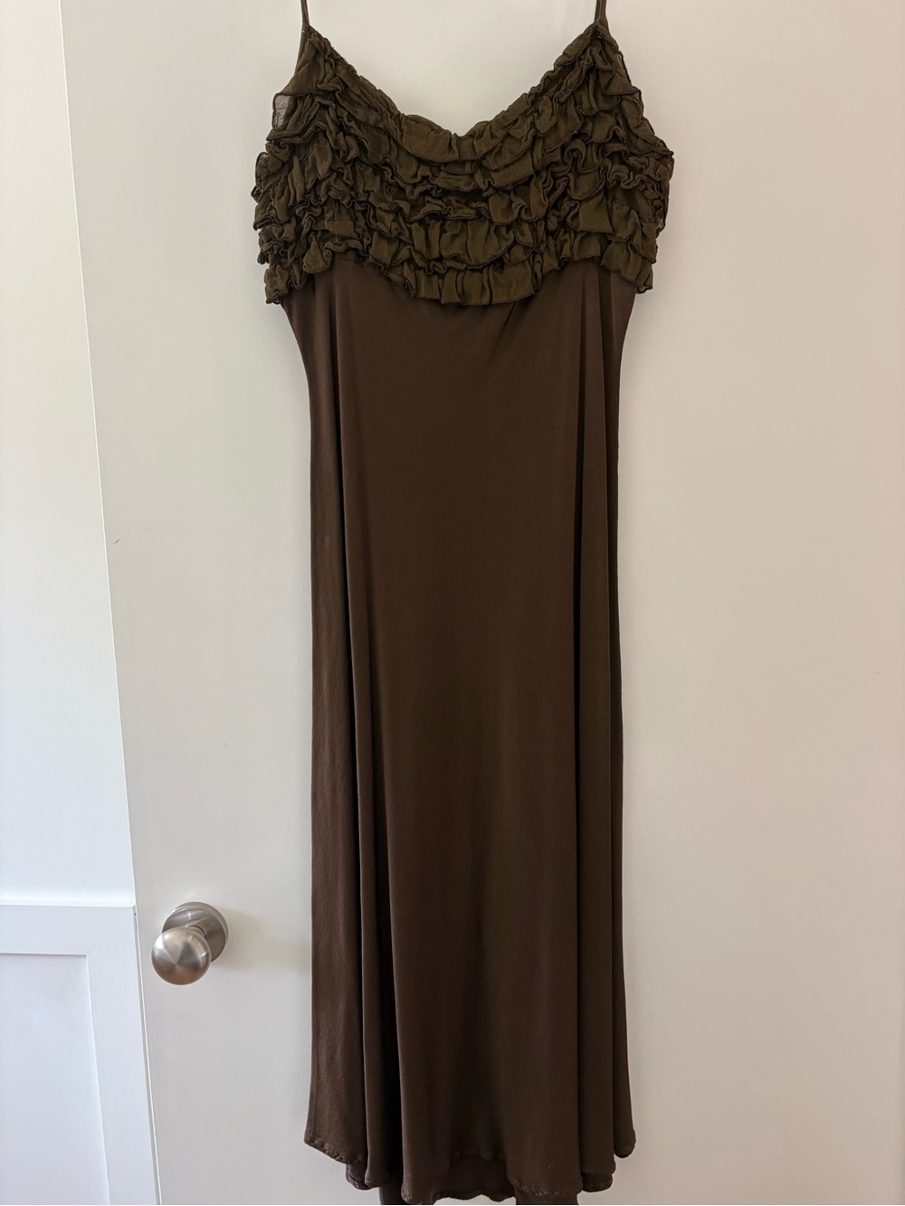 Ghost London Brown Slip Dress with Ruffled Bust